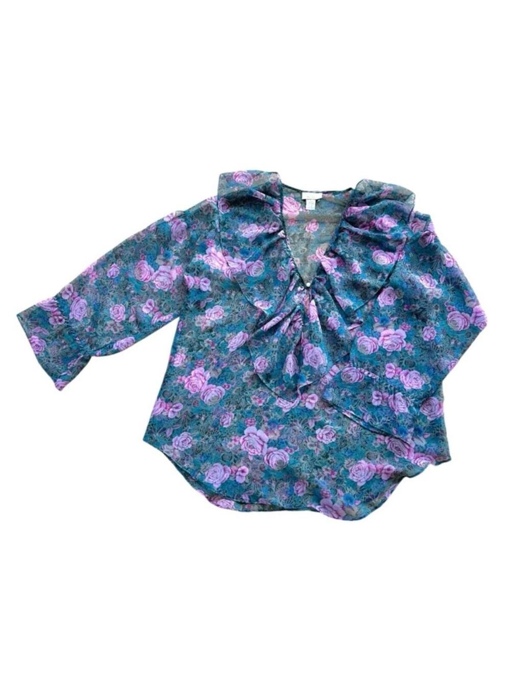 Victorias Secret Gold Label Sheer Floral V Neck Ruffle Long Sleeve Blouse